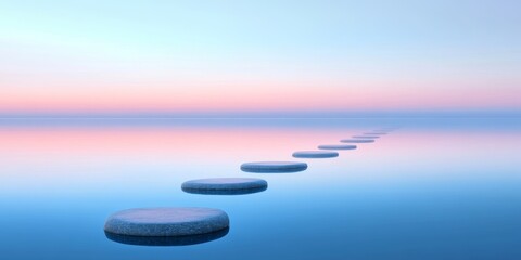 A tranquil lakeside view with a row of smooth stepping stones leading into the calm water at sunset