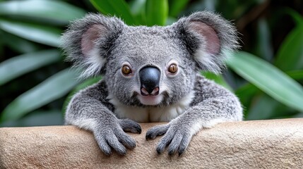 Fototapeta premium A cute koala with big ears and brown eyes looking at the camera.