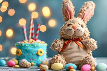Cute stuffed Easter bunny toy surrounded by festive candies and cake illuminated by soft bokeh lights creating a cheerful and colorful holiday celebration
