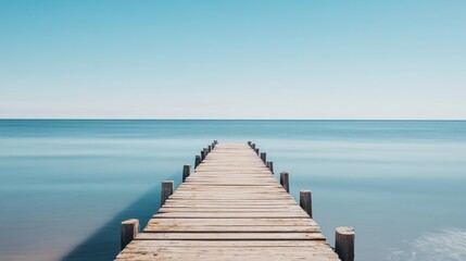 A serene wooden pier extending into a calm blue sea under a clear sky.