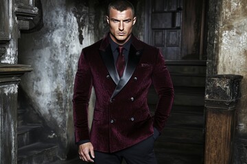 Obraz premium Fashionable man dressed in a deep red velvet suit standing in a rustic vintage themed interior with dramatic lighting exuding luxury and style