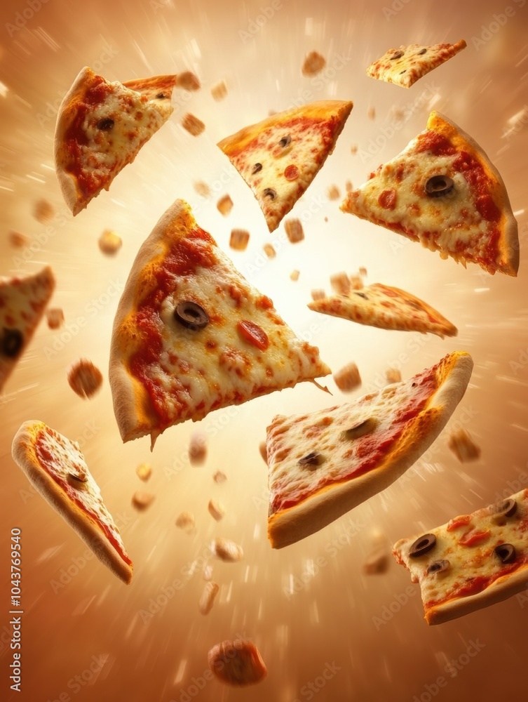 Aufkleber colorful slices of pizza soar diagonally across the background, adding a fun and dynamic feel to any