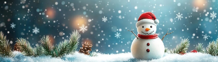 Christmas snowman, snowflakes gently falling, cozy winter night, watercolor style