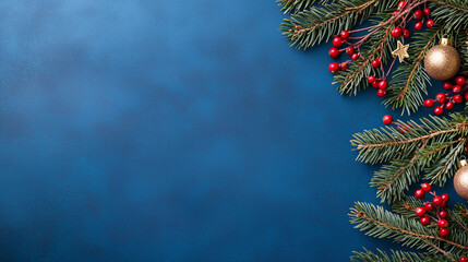 Christmas Decor Background with Fir Branches and Red Berries