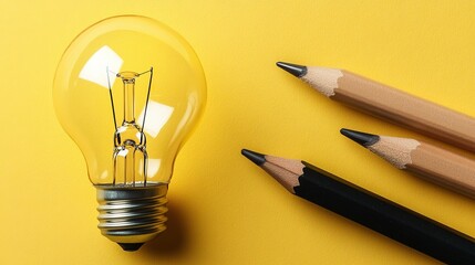 Business creativity and inspiration concepts are conveyed with a light bulb and pencil against a yellow background, motivating for success and encouraging big ideas
