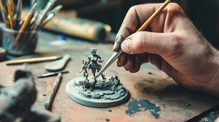 Close-up of hand painting mini figurine on messy desk.