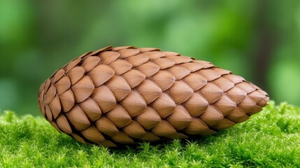 Close-up of a pine cone on green moss background
