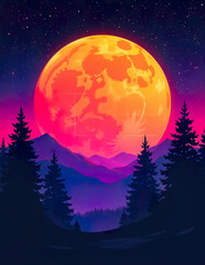 A large, bright orange full moon rising over a silhouetted mountain landscape with pine trees in the foreground