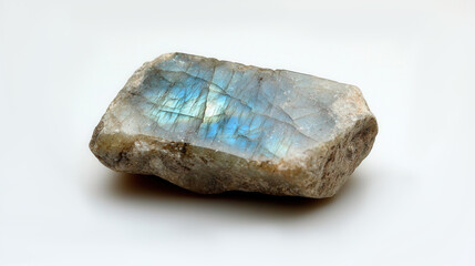 Raw labradorite gemstone with iridescent blue and green shine on white background