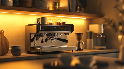 Modern Black Coffee Machine in a Stylish Kitchen with Cup - Sleek Home Appliance Closeup