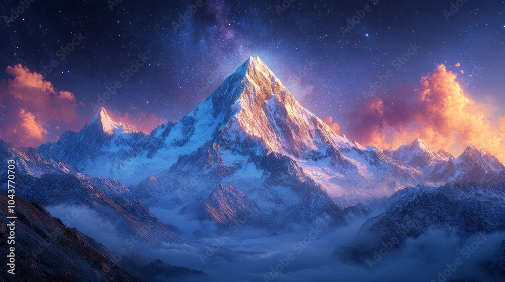 Poster a mountain range with a large peak and a beautiful sky with stars