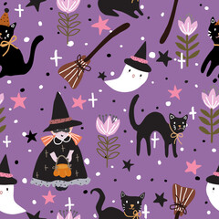 Seamless halloween pattern with witch, cat, tulip, little ghost, no sweep witch, stars, star sparkles and black and white dots on purple background, used for wallpaper, textile and print.