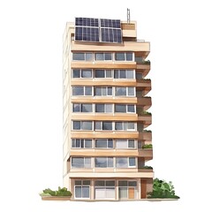 Watercolor illustration of a modern apartment building with solar panels.