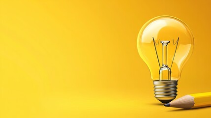 Business creativity and inspiration concepts are conveyed with a light bulb and pencil against a yellow background, motivating for success and encouraging big ideas