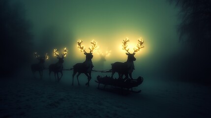 Fototapeta premium Ghostly Reindeer Pulling a Shadowy Sleigh Through Misty Night