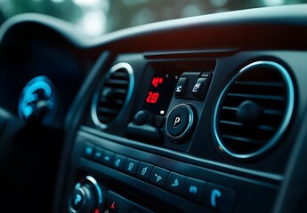 Naklejka premium Car air conditioner control panel with panel light, close-up of car interior, focus on front of modern vehicle dashboard air vent and controls