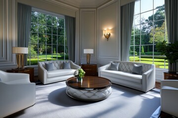 Fototapeta premium 3D rendering of a caregiver helping a patient in a beautifully designed home, with detailed furniture and soft lighting creating a warm, comforting scene