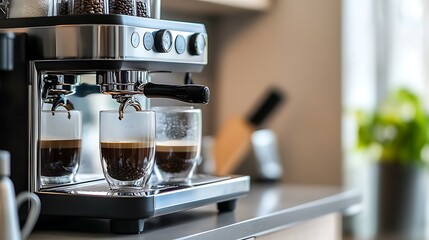 Modern Black Coffee Machine in a Stylish Kitchen with Cup - Sleek Home Appliance Closeup