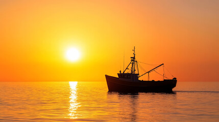 Serene sunset backdrop as a small fishing boat sails on the calm ocean waters