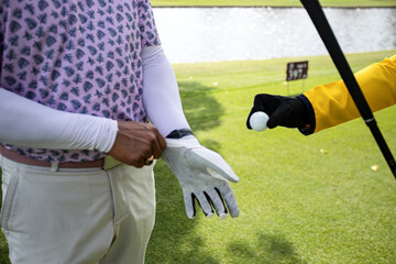 a white golf ball on a tee and a green field ready to be hit with a wood golf stick as a start to a game of golf.