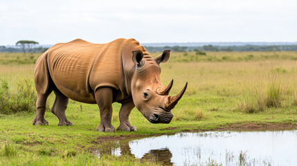 Obraz premium Adult white rhinoceros drinking water near a pond in the african savanna on a cloudy day