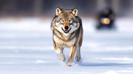 Fototapeta premium Majestic grey wolf runs in snowy landscape with a snowmobile in the background, exuding freedom and speed. The european wolf looks focused and dangerous
