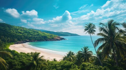 A breathtaking beach surrounded by lush green hills and palm trees, under a cloudless blue sky, capturing the essence of a dream vacation spot.