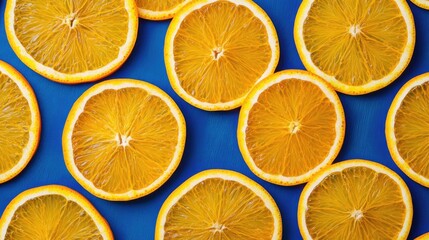 Fototapeta premium A bright and dynamic pattern of orange slices against a deep blue background, ideal for use in design projects that need a fresh, citrusy touch.