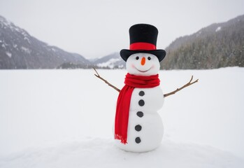Obraz premium A snowman full height peeking out from behind a white background,wearing a red scarf and a black top hat,looking festive and cheerful,smooth,warm