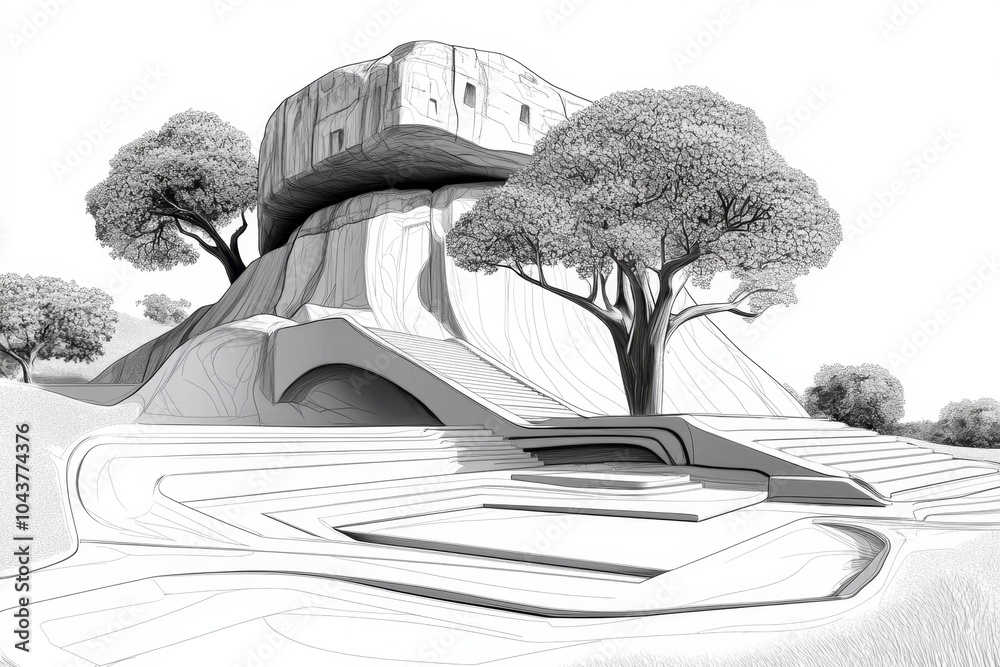 Poster abstract minimalist outline of sigiriya rock, capturing the iconic shape of the ancient fortress wit