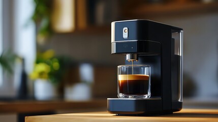 Modern Black Coffee Machine in a Stylish Kitchen with Cup - Sleek Home Appliance Closeup