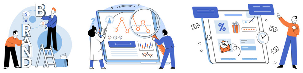 Corporate identity vector illustration. Marketing, megaphone, amplifies corporations voice, broadcasting its identity to world Strategy, roadmap, outlines deliberate steps corporation