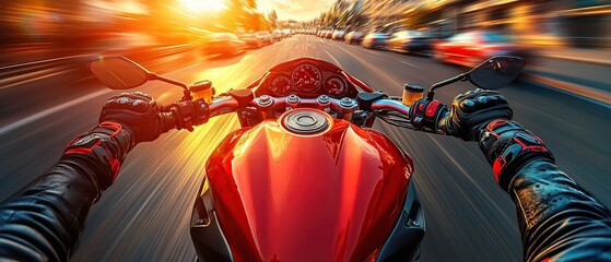 First-person view of a motorcycle rider speeding down a road at sunset.