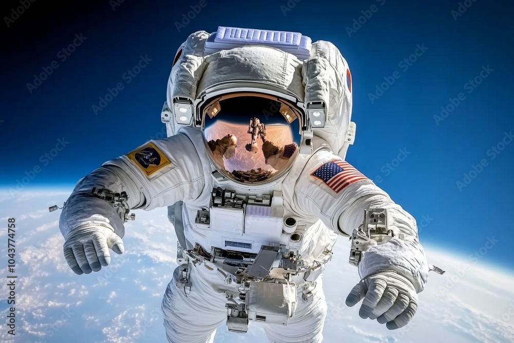 Poster Advanced empirical research in space, with astronauts observing distant planets and galaxies using futuristic technology