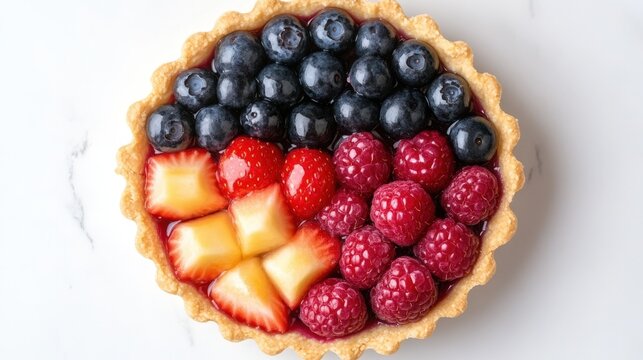 Colorful berry tart with strawberries, blueberries, pineapple, and raspberries on marble surface
