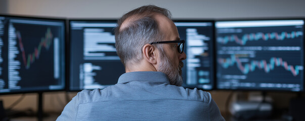 Fototapeta premium Stock market trader is analyzing charts on multiple screens in his office