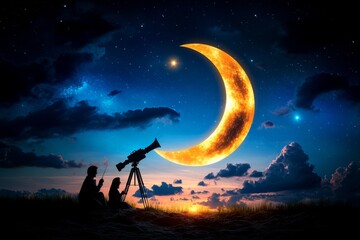 Fototapeta premium Astronomers observing the night sky, using telescopes and writing down observations of celestial bodies