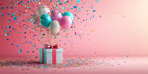 A gift box exploding with confetti, streamers, and balloons, symbolizing celebration and joy.