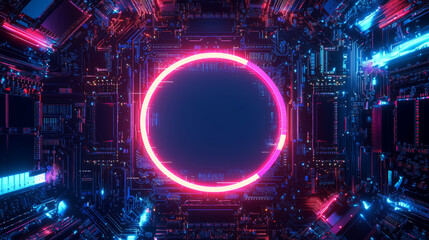 abstract tech background with neon-lit circuit boards, wires, and microchips, set against a dark, gradient blue background.