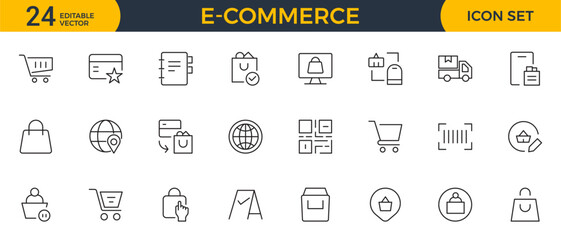 E-Commerce set of web icons in line style. Online shopping icons for web and mobile app. Business, mobile shop, digital marketing, bank card, gifts, sale, delivery. Vector illustration