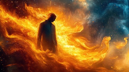 Obraz premium A dynamic image of a speaker in a sea of flames and smoke, creating a visually intense and dramatic atmosphere filled with energy and power.
