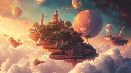 A fantastical scene of cosmic landscapes and magical realms, where a character embarks on an epic journey of imagination