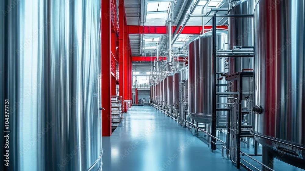 Poster Industrial facility with large metallic tanks and bright interior for processing.