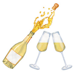 Champagne bottle opening with popping cork and glasses watercolor illustration. Hand drawn set image of festive sparkling wine on isolated background. Clipart for menu and bar. © Olga Shulgina