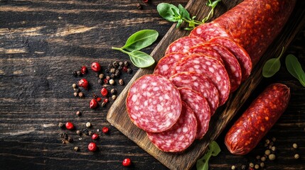 Cured Sausage. Top View of Sliced Pepperoni Salami on Wooden Kitchen Table