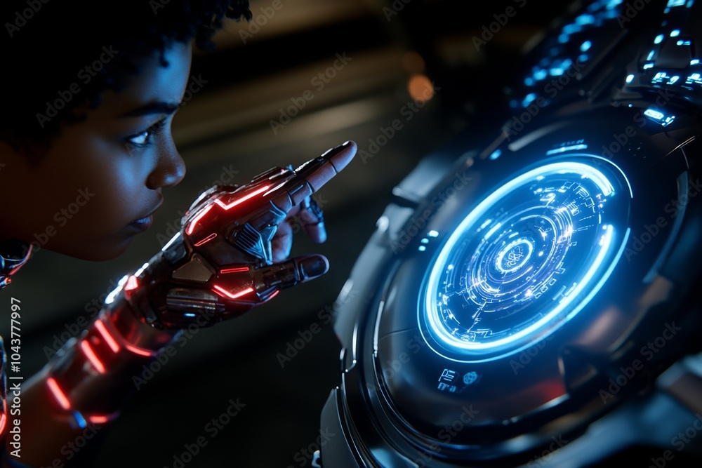 Poster cyberpunk laboratory filled with glowing digital interfaces, where a researcher conducts experiments