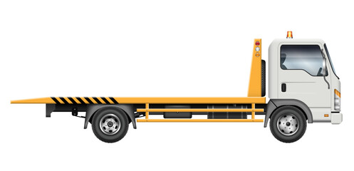 Tow truck view from the side isolated on a white background. Roadside assistance vehicle vector mockup, easy editing and recolor