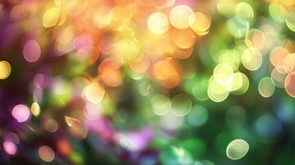 Obraz premium A blurred bokeh effect in shades of green, orange, and purple, creating a soft and dreamy background perfect for festive or artistic themes.