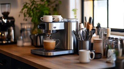 Modern Black Coffee Machine in a Stylish Kitchen with Cup - Sleek Home Appliance Closeup