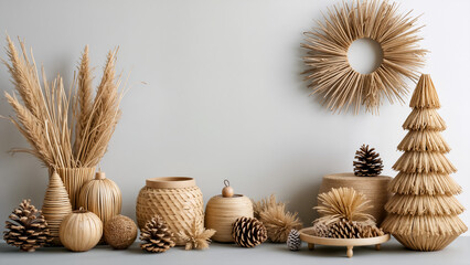 Natural Christmas decorations with straw tree, sunburst wreath, grass, woven vases, pinecones and ornaments. Sustainable holiday decor with copy space, in neutral beige tones on light gray background.